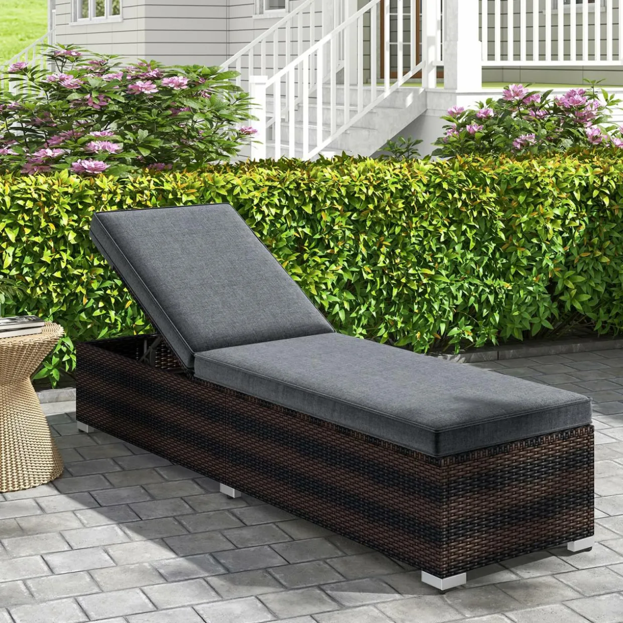 Tangkula Outdoor Chaise Lounge, Patio Wicker Lounge Chair w/ 4-Level Backrest, Heavy-Duty Metal Frame