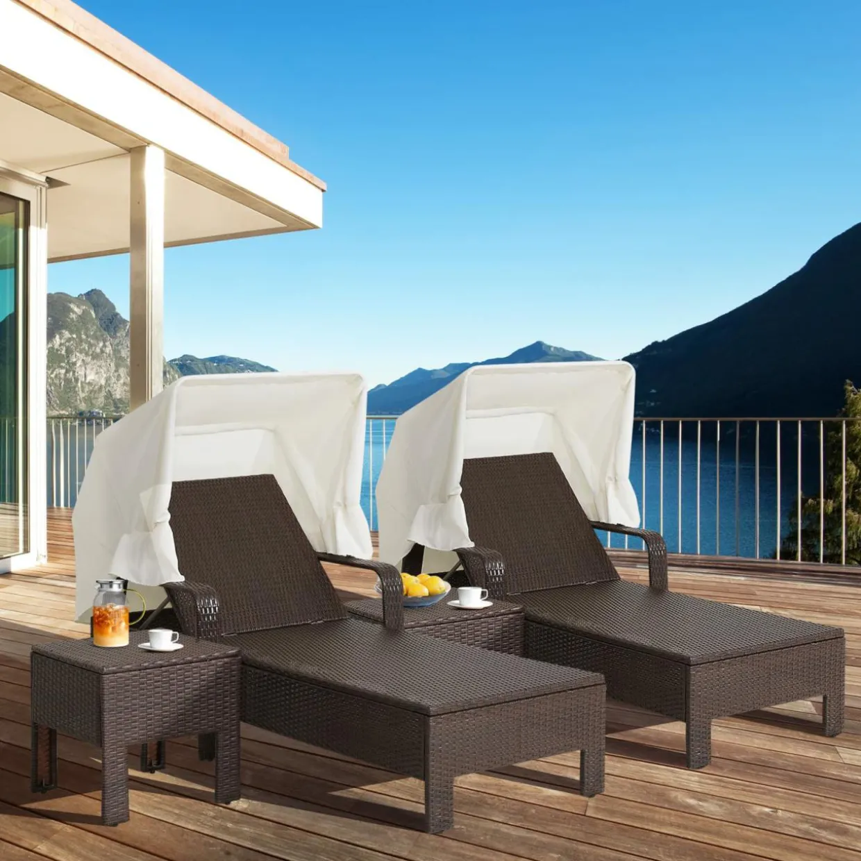 Tangkula Outdoor Chaise Lounge Chair and Table Set with Folding Canopy and Armrests
