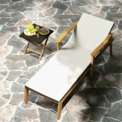 Tangkula Outdoor Chaise Lounge Chair, Rattan Patio Chaise with Armrests & 4-Level Backrest