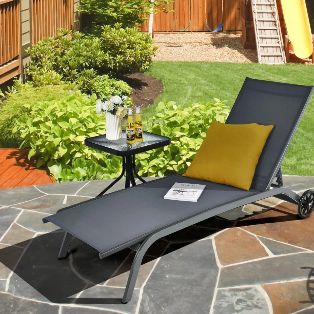 Tangkula Outdoor Chaise Lounge Chair, Patio Lounge Recliner with 6-Position Adjustable Backres