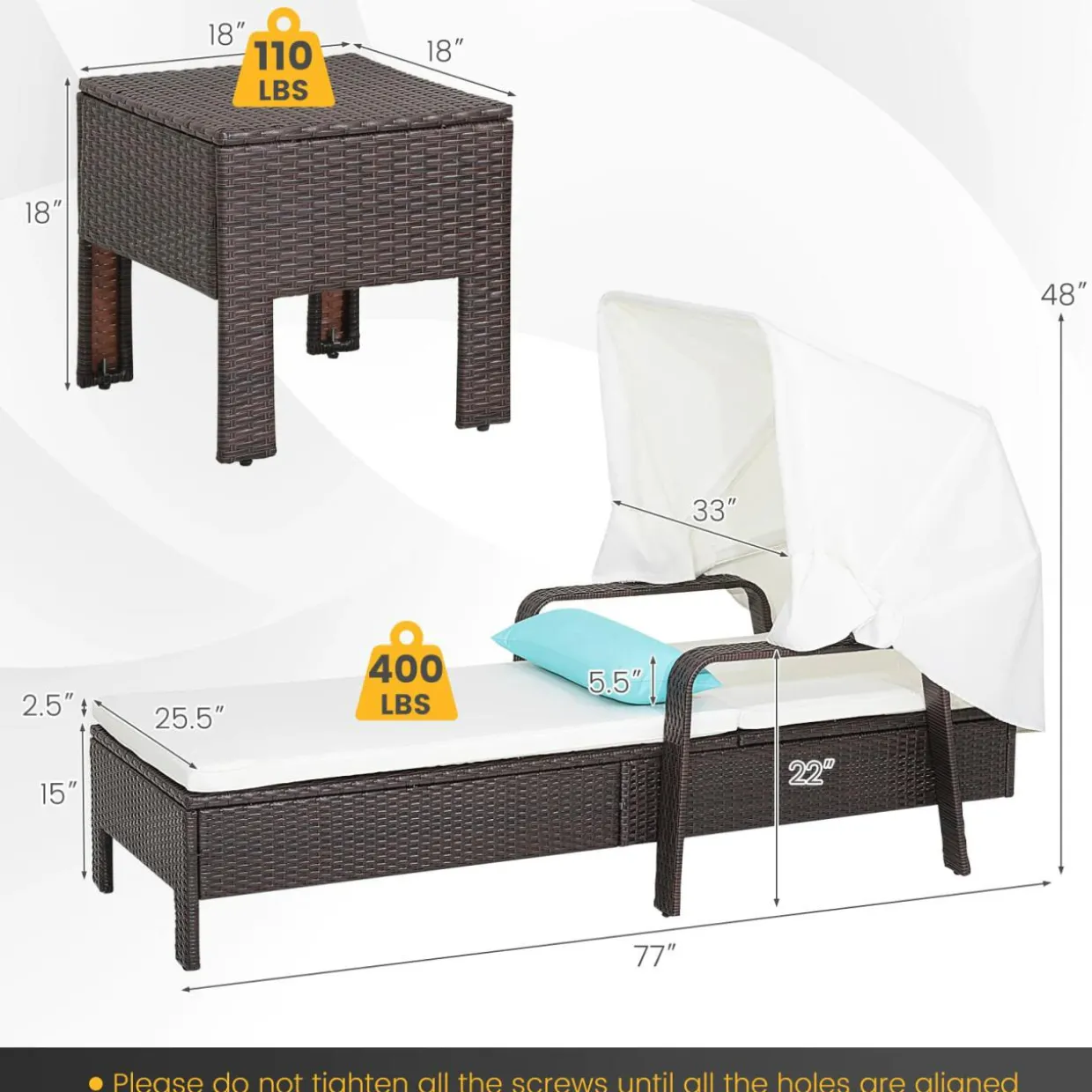 Tangkula Outdoor Chaise Lounge Chair and Table Set with Folding Canopy and Armrests