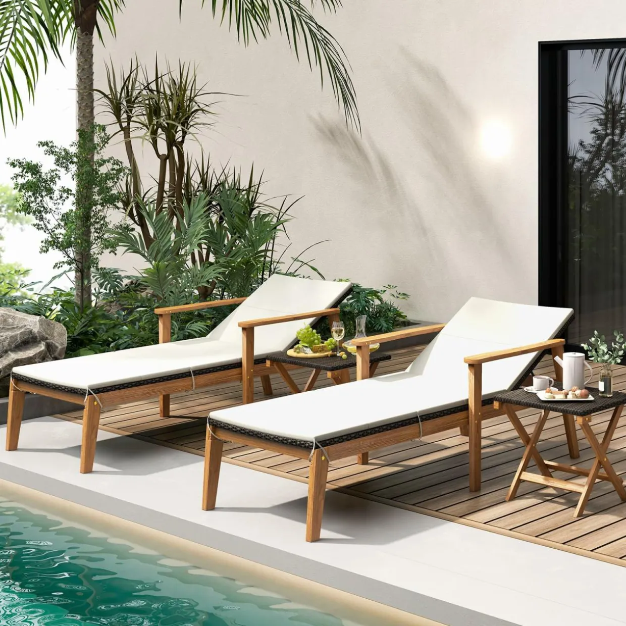 Tangkula Outdoor Chaise Lounge Chair Set, Rattan Patio Chaise with Armrests & 4-Level Backrest