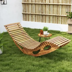 Tangkula Outdoor Chaise Lounge Chair, Acacia Wood Rocking Sun Lounger with Slatted Backrest and Seat