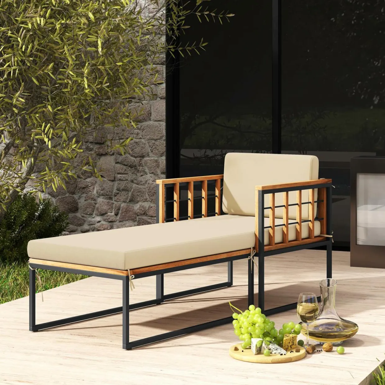 Tangkula Outdoor Chaise Lounge Chair, Acacia Wood Heavy Duty 1200 lbs Weight Capacity