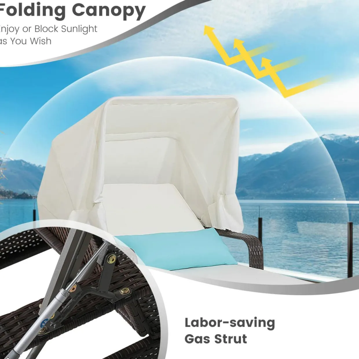 Tangkula Outdoor Chaise Lounge Chair and Table Set with Folding Canopy and Armrests