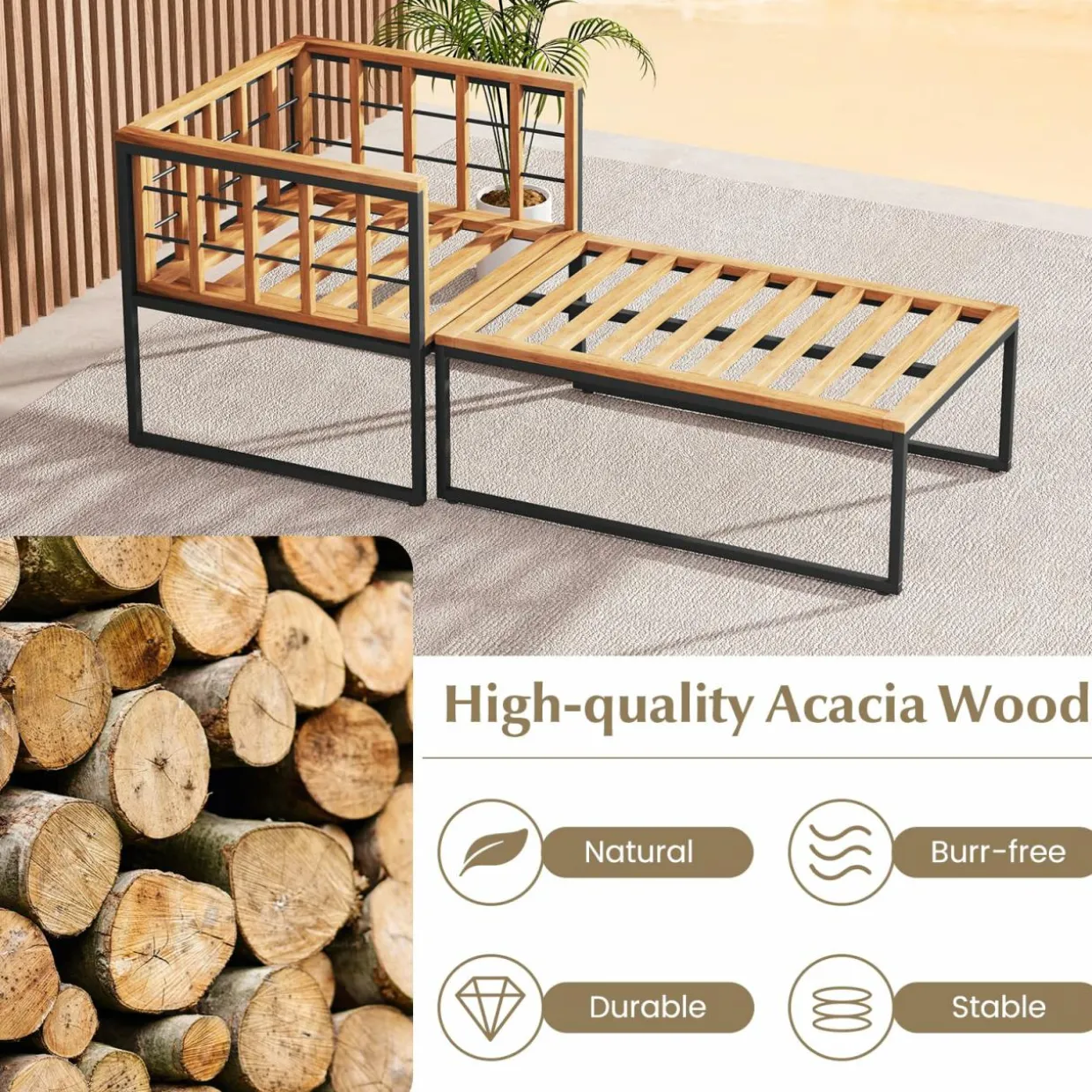 Tangkula Outdoor Chaise Lounge Chair, Acacia Wood Heavy Duty 1200 lbs Weight Capacity