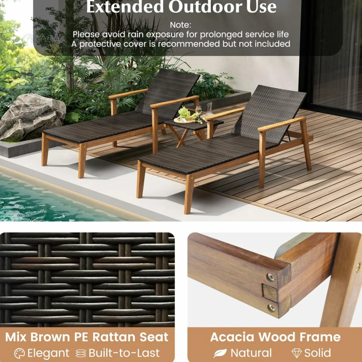 Tangkula Outdoor Chaise Lounge Chair Set, Rattan Patio Chaise with Armrests & 4-Level Backrest