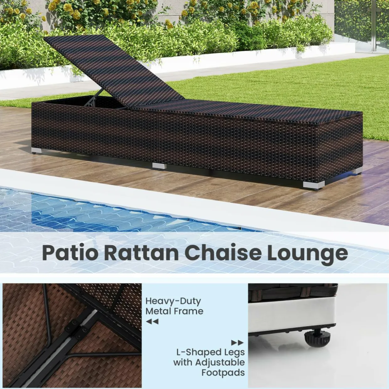 Tangkula Outdoor Chaise Lounge, Patio Wicker Lounge Chair w/ 4-Level Backrest, Heavy-Duty Metal Frame
