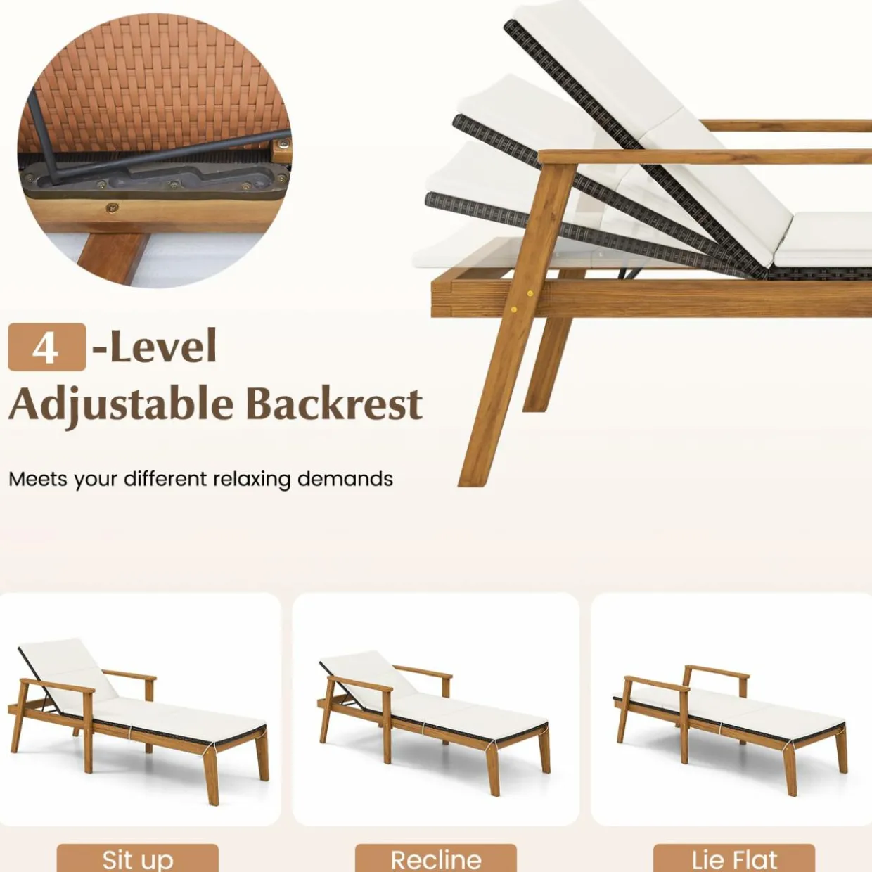 Tangkula Outdoor Chaise Lounge Chair Set, Rattan Patio Chaise with Armrests & 4-Level Backrest
