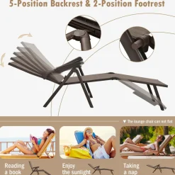 Tangkula Outdoor Chaise Lounge, Folding Recliner Lounge Chair with 5-Position Adjustable Backrest & 2-Position Footrest