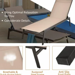 Tangkula Outdoor Chaise Lounge Chair, 6-Position Adjustable Reclining Chair with Breathable Fabric and Heavy Duty Steel Frame
