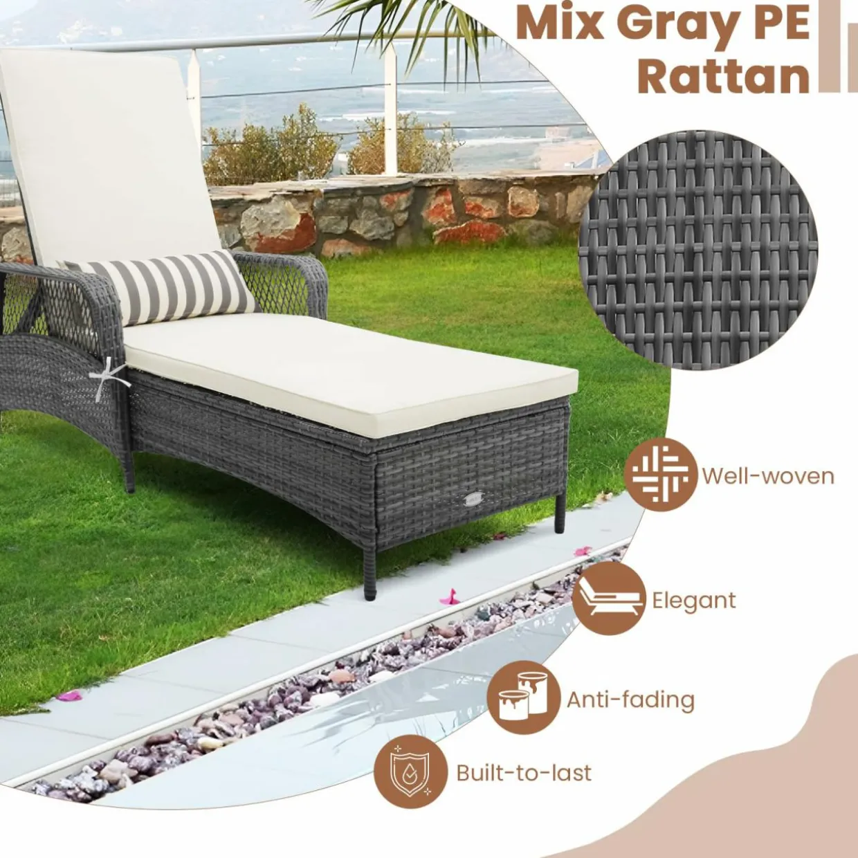 Tangkula Outdoor Chaise Lounge, Patio PE Recliner with 6-Level Backrest