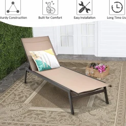 Tangkula Outdoor Chaise Lounge Chair, 6-Position Adjustable Reclining Chair with Breathable Fabric and Heavy Duty Steel Frame