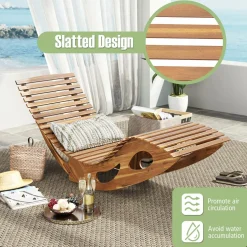 Tangkula Outdoor Chaise Lounge Chair, Acacia Wood Rocking Sun Lounger with Slatted Backrest and Seat