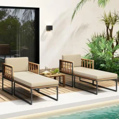Tangkula Outdoor Chaise Lounge Chair, Acacia Wood Heavy Duty 1200 lbs Weight Capacity