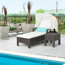 Tangkula Outdoor Chaise Lounge Chair and Table Set with Folding Canopy and Armrests
