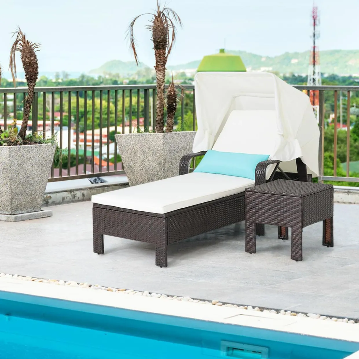 Tangkula Outdoor Chaise Lounge Chair and Table Set with Folding Canopy and Armrests