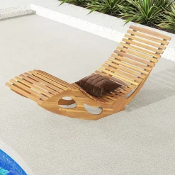Tangkula Outdoor Chaise Lounge Chair, Acacia Wood Rocking Sun Lounger with Slatted Backrest and Seat