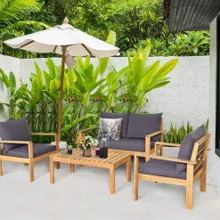 Tangkula Outdoor Conversation Sofa and Table Set with Water Resistant Cushions