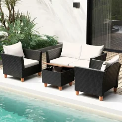 Tangkula Outdoor Conversation Set, Patio Cushioned Chairs w/Storage Coffee Table