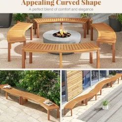 Tangkula Outdoor Curved Bench, Acacia Wood Fire Pit Bench w/Slatted Seat, 800 LBS Max Load, Oil Painted