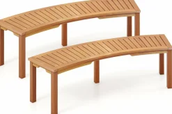 Tangkula Outdoor Curved Bench, Acacia Wood Fire Pit Bench w/Slatted Seat, 800 LBS Max Load, Oil Painted