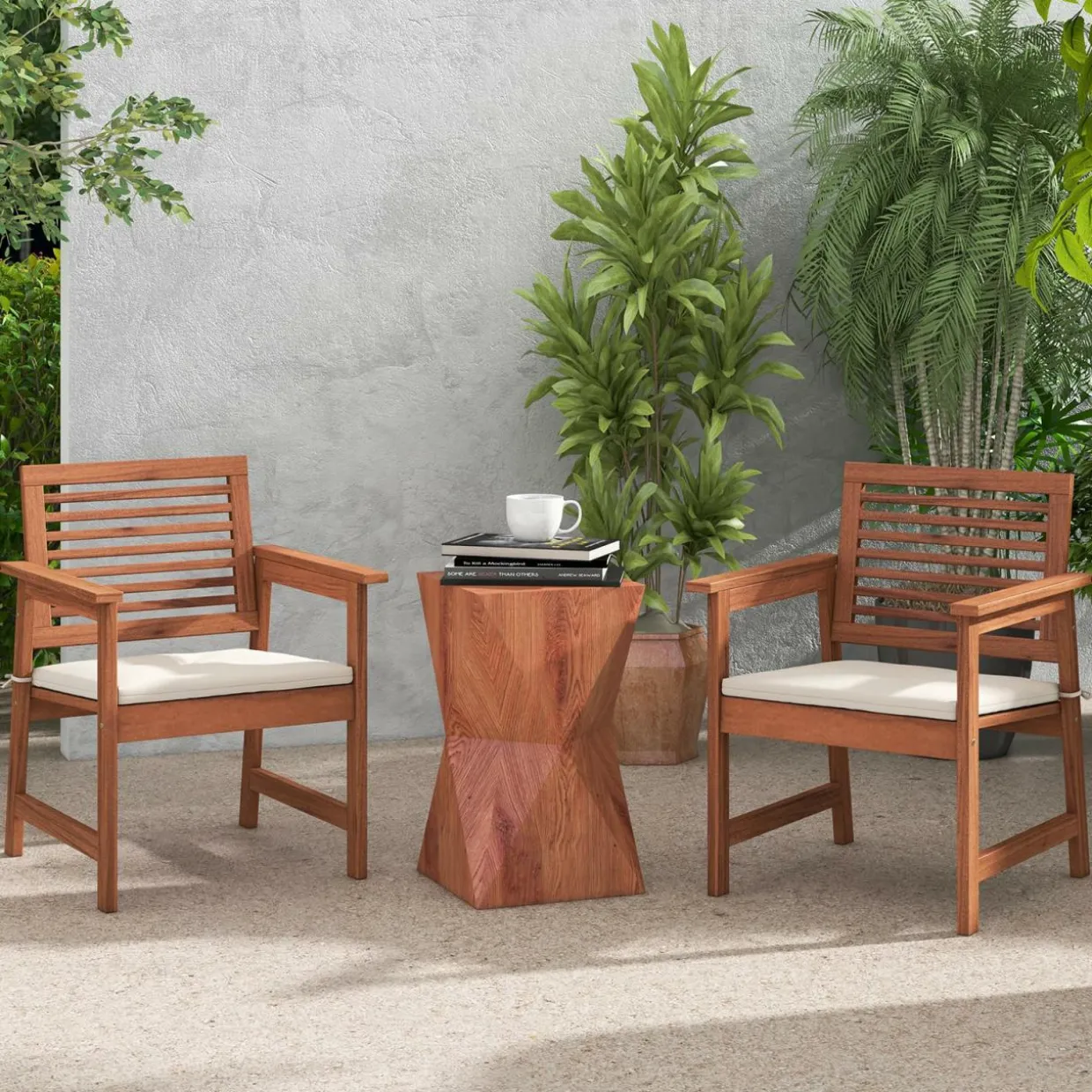 Tangkula Outdoor Dining Chairs Set, Weather-Resistant Heavy Duty Slatted Wood Patio Chairs with Soft Padded Cushions