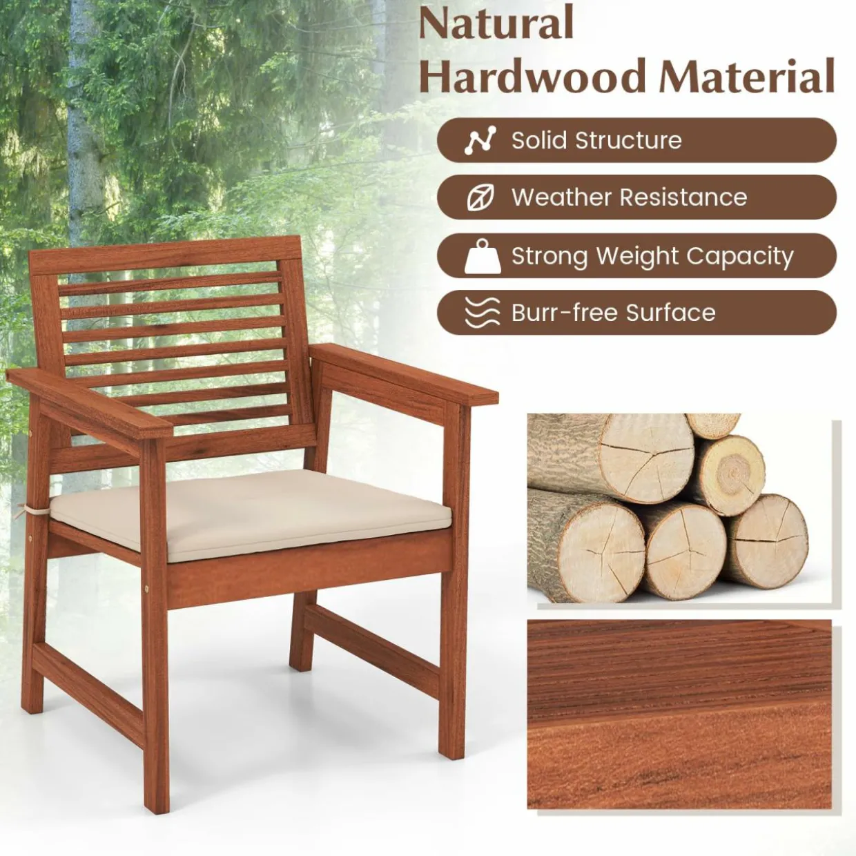 Tangkula Outdoor Dining Chairs Set, Weather-Resistant Heavy Duty Slatted Wood Patio Chairs with Soft Padded Cushions