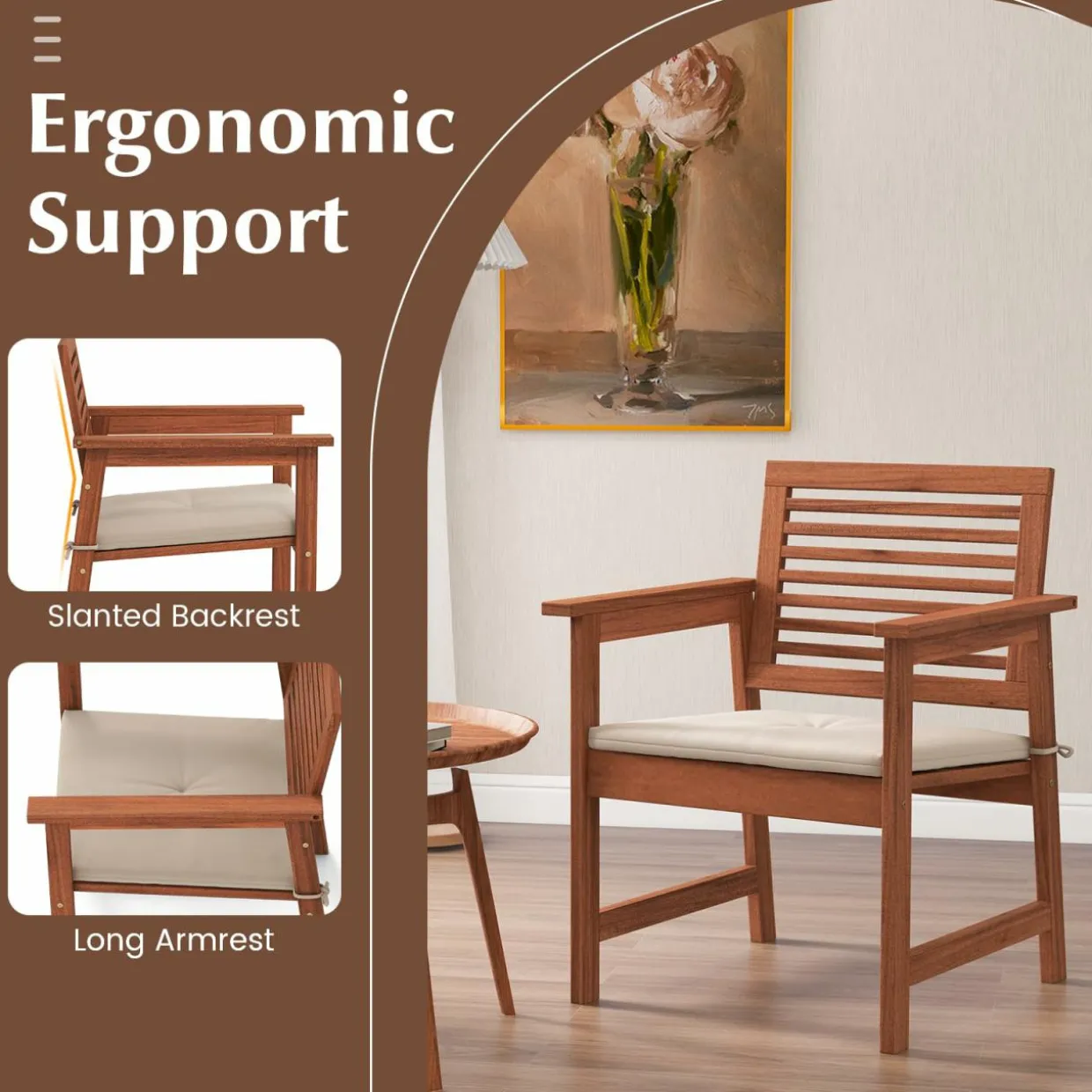 Tangkula Outdoor Dining Chairs Set, Weather-Resistant Heavy Duty Slatted Wood Patio Chairs with Soft Padded Cushions