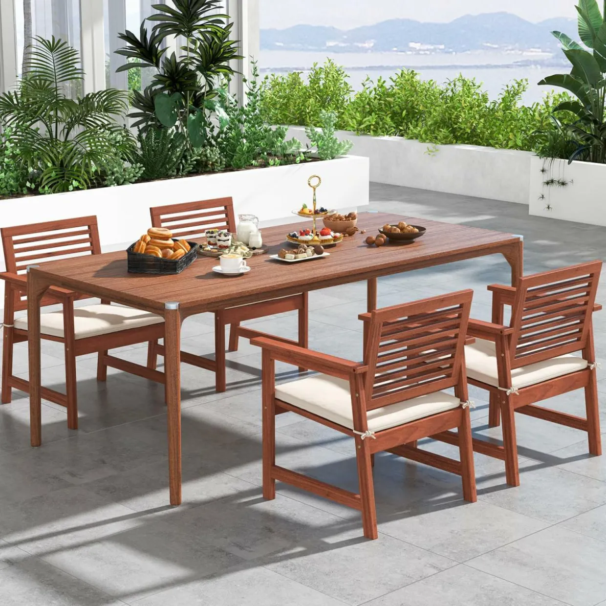 Tangkula Outdoor Dining Chairs Set, Weather-Resistant Heavy Duty Slatted Wood Patio Chairs with Soft Padded Cushions