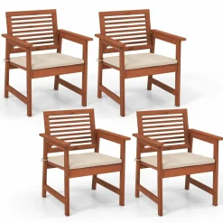 Tangkula Outdoor Dining Chairs Set, Weather-Resistant Heavy Duty Slatted Wood Patio Chairs with Soft Padded Cushions