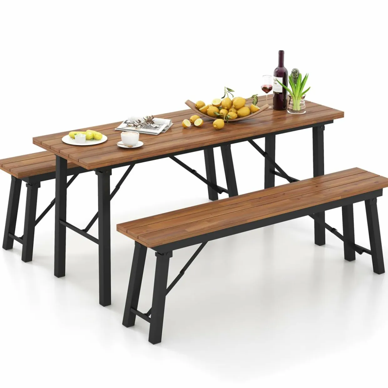 Tangkula Outdoor Dining Table With Benches for 4-6 Persons, No Assembly