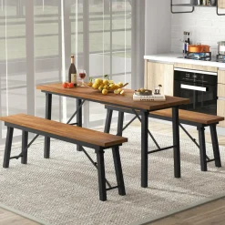 Tangkula Outdoor Dining Table With Benches for 4-6 Persons, No Assembly