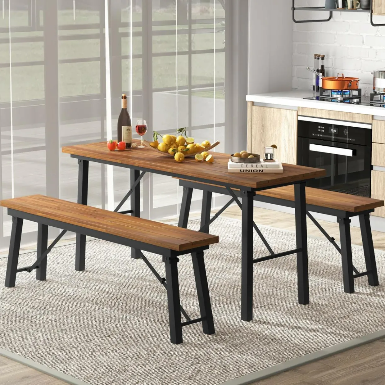 Tangkula Outdoor Dining Table With Benches for 4-6 Persons, No Assembly
