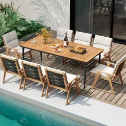 Tangkula Outdoor Dining Table for 8, 79 Inch Acacia Wood Patio Table with 1.9” Umbrella Hole