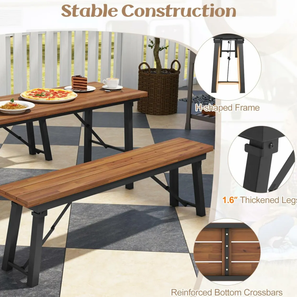 Tangkula Outdoor Dining Table With Benches for 4-6 Persons, No Assembly