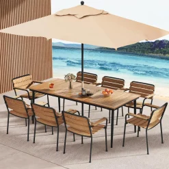 Tangkula Outdoor Dining Table for 8, 79 Inch Acacia Wood Patio Table with 1.9” Umbrella Hole