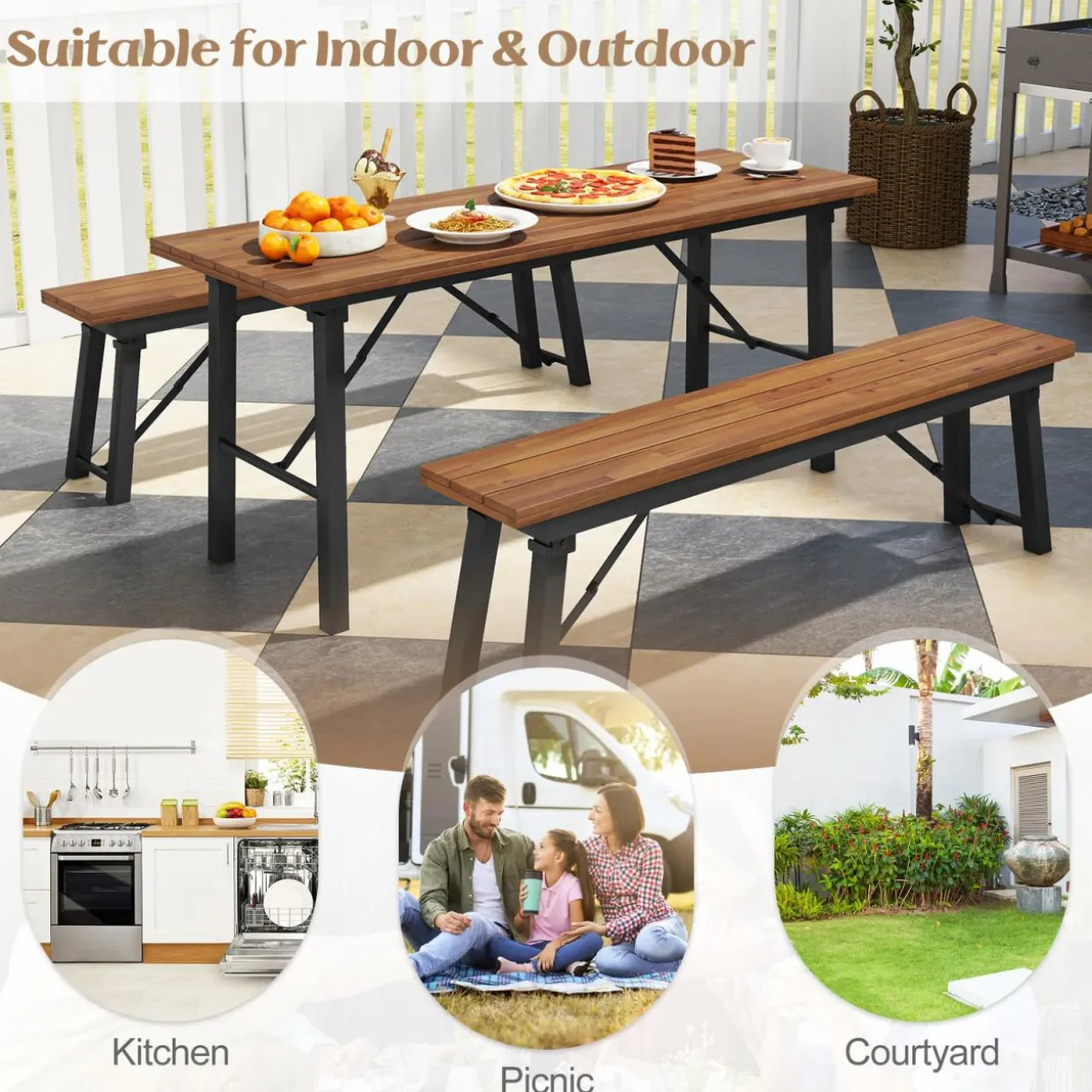 Tangkula Outdoor Dining Table With Benches for 4-6 Persons, No Assembly