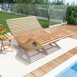 Tangkula Outdoor Double Chaise Lounge Chair, Acacia Wood Rocking Sunbed with Slatted Backrest and Seat