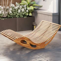 Tangkula Outdoor Double Chaise Lounge Chair, Acacia Wood Rocking Sunbed with Slatted Backrest and Seat