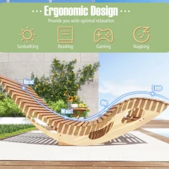 Tangkula Outdoor Double Chaise Lounge Chair, Acacia Wood Rocking Sunbed with Slatted Backrest and Seat
