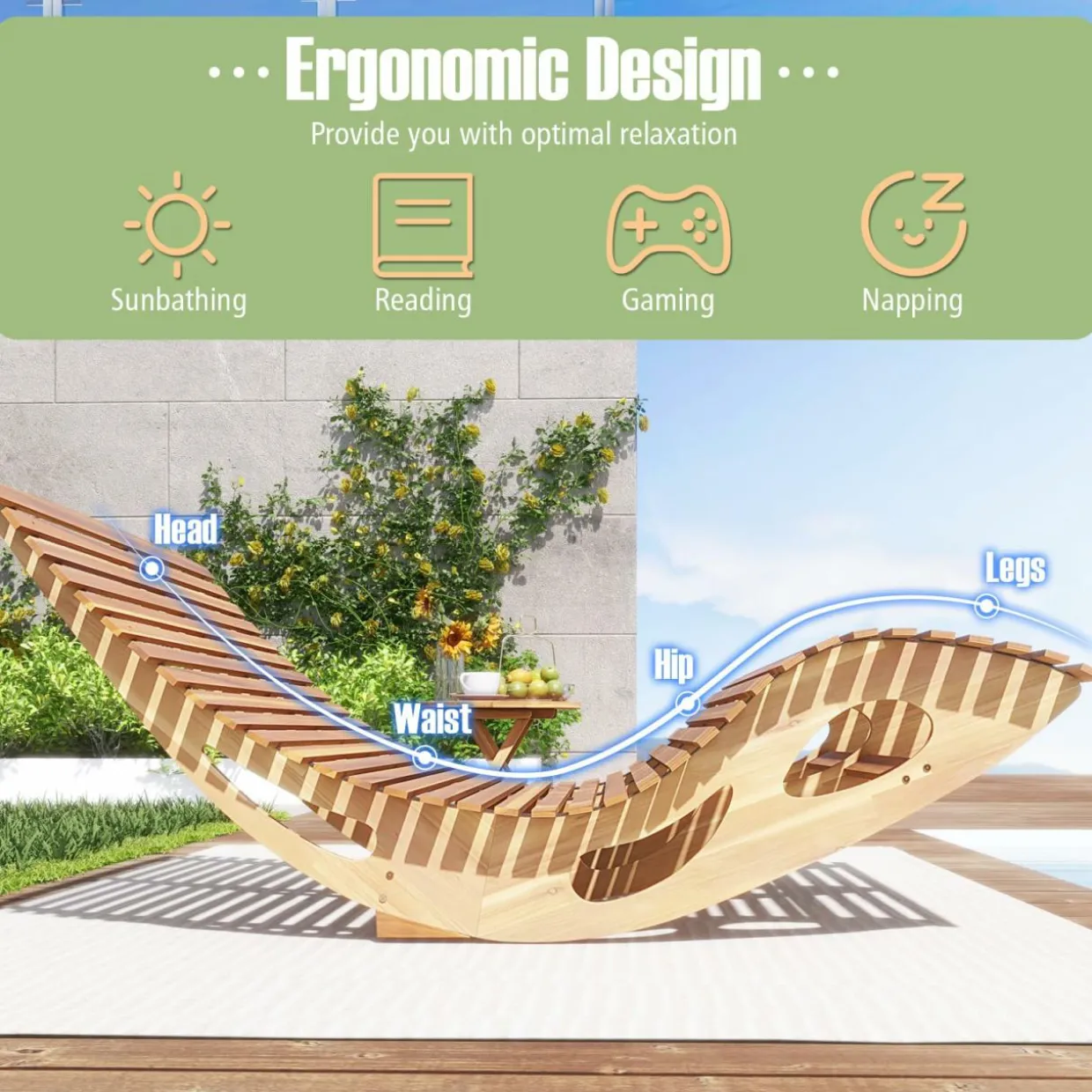 Tangkula Outdoor Double Chaise Lounge Chair, Acacia Wood Rocking Sunbed with Slatted Backrest and Seat