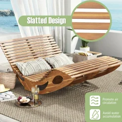 Tangkula Outdoor Double Chaise Lounge Chair, Acacia Wood Rocking Sunbed with Slatted Backrest and Seat