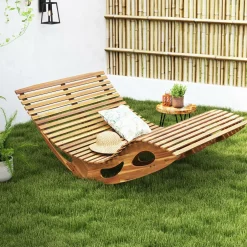 Tangkula Outdoor Double Chaise Lounge Chair, Acacia Wood Rocking Sunbed with Slatted Backrest and Seat