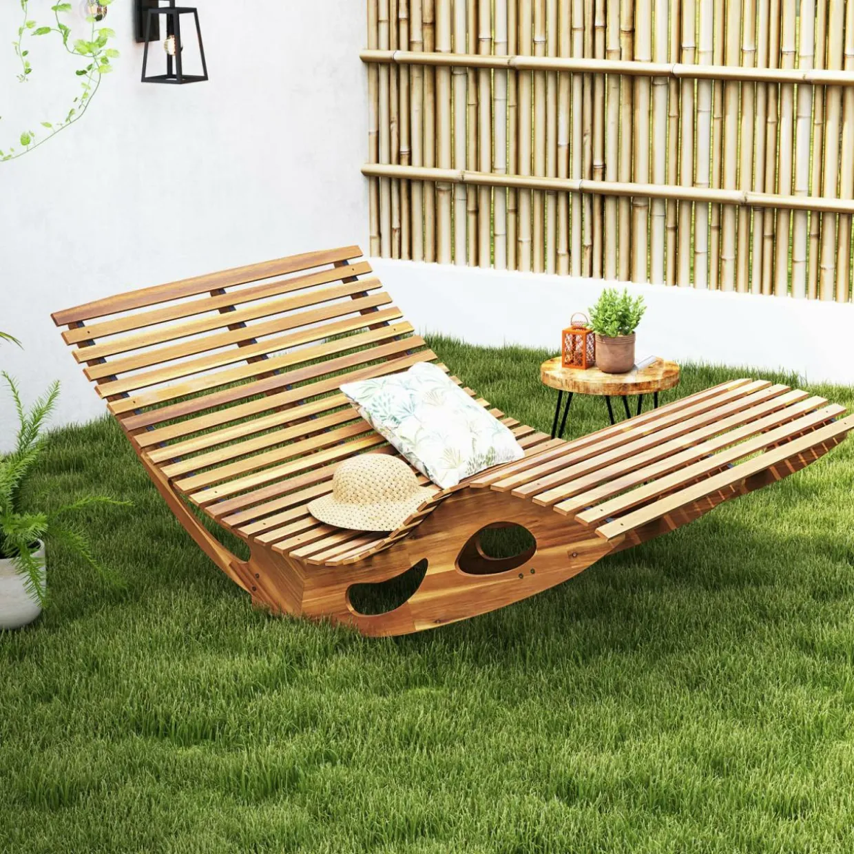 Tangkula Outdoor Double Chaise Lounge Chair, Acacia Wood Rocking Sunbed with Slatted Backrest and Seat