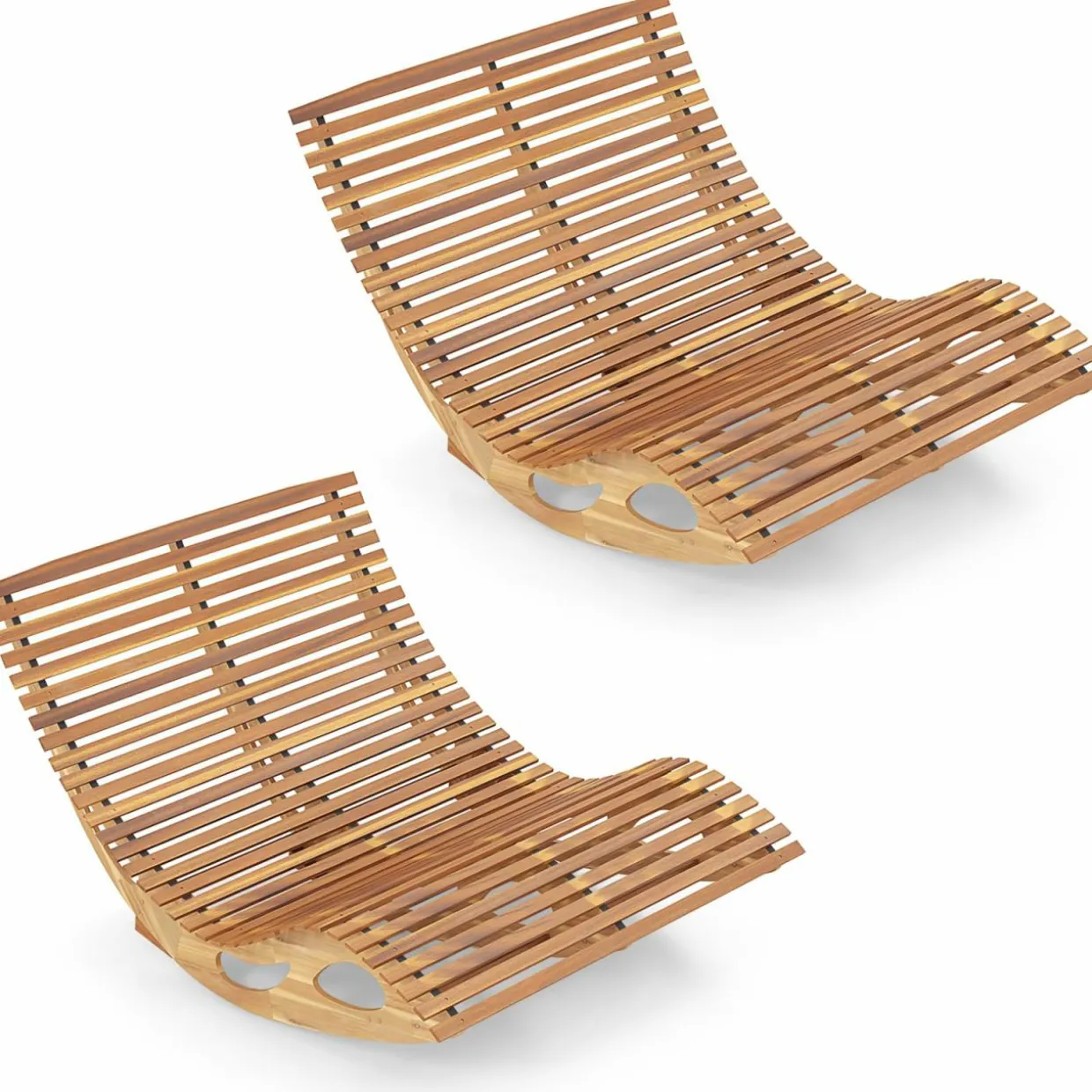 Tangkula Outdoor Double Chaise Lounge Chair, Acacia Wood Rocking Sunbed with Slatted Backrest and Seat