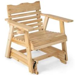 Tangkula Outdoor Fir Wood Glider Chair, Outdoor Swing Chair with Rotatable Hidden Cup Holder