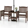 Tangkula Outdoor Fir Wood Loveseat with 2-Tier Side Table and Umbrella Hole
