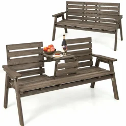 Tangkula Outdoor Fir Wood Bench with Foldable Middle Table, 2-3 Person Garden Bench (Coffee)