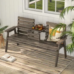 Tangkula Outdoor Fir Wood Bench with Foldable Middle Table, 2-3 Person Garden Bench (Coffee)